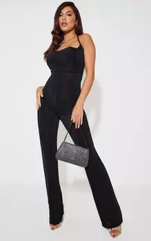 PrettyLittleThing Черный облегающий комбинезон из ацетата с воротником-халтер и завязкой на спине