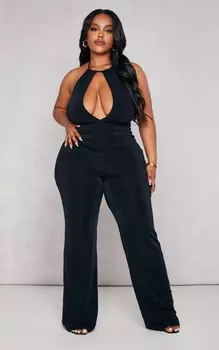 PrettyLittleThing Черный облегающий комбинезон с воротником-халтер из ацетата Plus