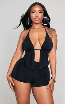 PrettyLittleThing Черный облегающий топ из ацетата со сборками и воротником-халтер