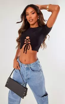 PrettyLittleThing Черный облегающий укороченный топ на шнуровке с короткими рукавами