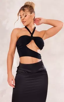 PrettyLittleThing Черный облегающий укороченный топ с вырезами на шее из ацетата