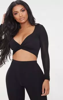 PrettyLittleThing Черный облегающий укороченный топ с закрученной передней частью Shape
