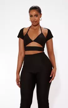 PrettyLittleThing Черный обтягивающий укороченный топ без косточек без косточек с короткими рукавами