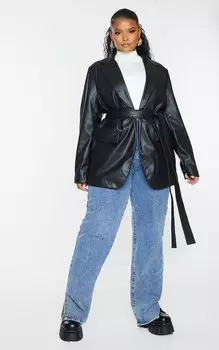 PrettyLittleThing Черный пиджак из искусственной кожи с запахом и поясом PLT Label Plus