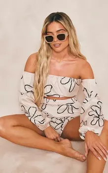 PrettyLittleThing Черный пляжный топ с принтом листьев и льняным узором Bardot с пышными рукавами