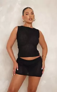 PrettyLittleThing Черный прозрачный топ без рукавов с вафельным разрезом на подоле