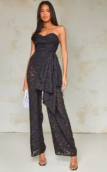 PrettyLittleThing Черный прозрачный жаккардовый комбинезон-бандо с бантом