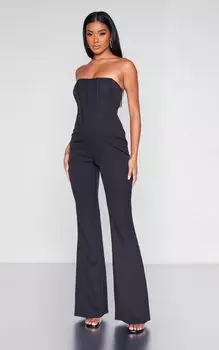 PrettyLittleThing Черный расклешенный комбинезон-бандо с корсетом