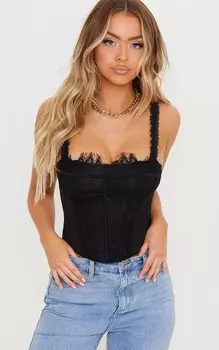PrettyLittleThing Черный сетчатый корсет с кружевной вставкой и изогнутым подолом