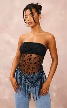 PrettyLittleThing Черный сетчатый топ-бандо с кисточками и подолом из флока