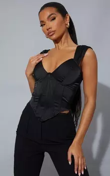 PrettyLittleThing Черный текстурированный атласный корсет с косточками