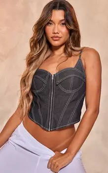 PrettyLittleThing Черный тканый длинный топ с корсетом и молнией спереди, украшенный бюстом