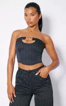 PrettyLittleThing Черный тканый корсет с пряжкой в тонкую полоску