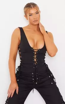 PrettyLittleThing Черный тканый топ без рукавов со шнуровкой и глубоким вырезом