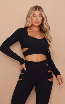 PrettyLittleThing Черный топ с длинными рукавами и жатым вырезом в рубчик