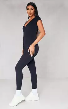 PrettyLittleThing Черный трикотажный комбинезон с V-образным вырезом и короткими рукавами