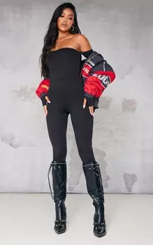 PrettyLittleThing Черный трикотажный комбинезон с вырезом под большой палец и завязками на бретельках