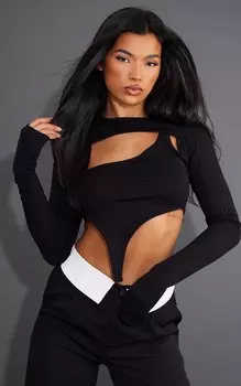 PrettyLittleThing Черный укороченный топ из джерси с вырезом и глубоким подолом