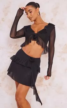PrettyLittleThing Черный укороченный топ из прозрачной сетки с длинными рукавами и оборками розового цвета