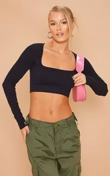 PrettyLittleThing Черный укороченный топ с длинными рукавами и квадратным вырезом в рубчик широкого контура