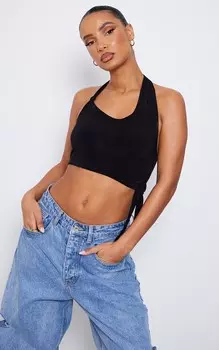 PrettyLittleThing Черный укороченный топ с облегающим узлом и воротником халтер
