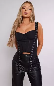 PrettyLittleThing Черный укороченный топ с тканым крючком и ремешком для глаз
