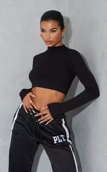 PrettyLittleThing Черный укороченный топ с высоким воротником и длинными рукавами