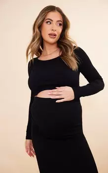 PrettyLittleThing Черный укороченный топ в рубчик с длинными рукавами для беременных