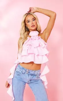 PrettyLittleThing Детский розовый атласный укороченный топ с цветочной аппликацией и экстремальными оборками с воротником-халтер
