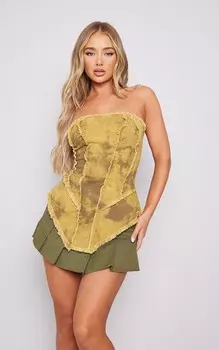 PrettyLittleThing Длинный топ-бандо светло-коричневого цвета из стираного твила с глубоким краем и необработанными краями