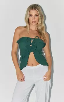 PrettyLittleThing Длинный топ цвета хаки с фактурной оборкой и завязкой спереди