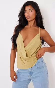 PrettyLittleThing Длинный топ на бретельках цвета шалфейного льна с драпировкой и капюшоном