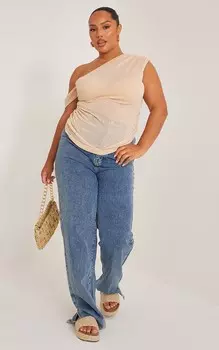 PrettyLittleThing Длинный топ на одно плечо тонкого трикотажа телесного цвета Plus