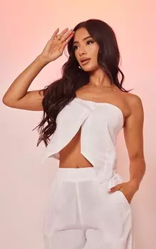 PrettyLittleThing Длинный топ на пуговицах миниатюрного белого цвета из искусственного льна-бандо