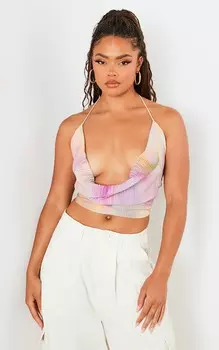 PrettyLittleThing Длинный топ на тонких бретельках с плиссированным капюшоном и разноцветным принтом