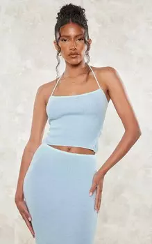 PrettyLittleThing Двухцветный вязаный топ василькового цвета с воротником-халтер