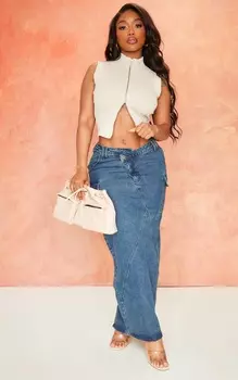 PrettyLittleThing Джинсовая юбка макси с асимметричным швом Shape Indigo Vintage Wash