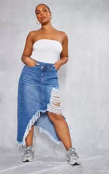 PrettyLittleThing Джинсовая юбка-миди средней длины синего цвета с потертостями и деталями