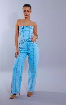 PrettyLittleThing Джинсовый комбинезон-бандо Petite кислотно-синего цвета