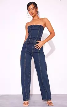 PrettyLittleThing Джинсовый комбинезон-бандо Petite Vintage Wash с широкими штанинами