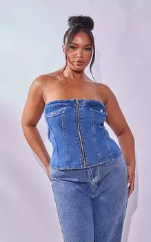 PrettyLittleThing Джинсовый корсет-бандо на молнии среднего синего цвета
