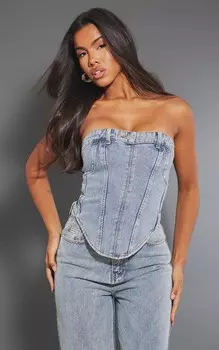 PrettyLittleThing Джинсовый корсетный топ с поясом средней высоты синего цвета