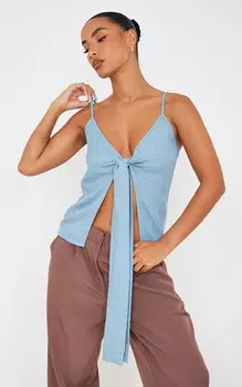 PrettyLittleThing Джинсовый синий топ с узлом спереди