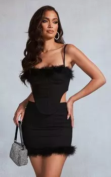 PrettyLittleThing Джинсовый топ черного цвета с отделкой перьями и чашками