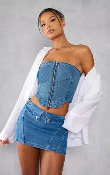 PrettyLittleThing Джинсовый топ Indigo Vintage с эффектом потертого края и молнией спереди