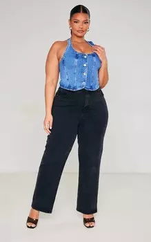 PrettyLittleThing Джинсовый топ на пуговицах с воротником халтер и пуговицами среднего синего цвета