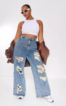 PrettyLittleThing Джинсы из потертого денима с эффектом потертости Plus Vintage Light Wash