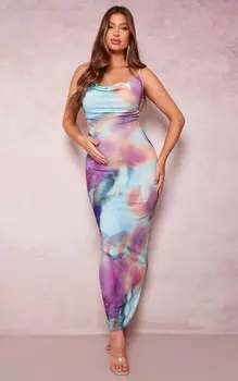 PrettyLittleThing Фиолетовое платье макси с капюшоном и акварельным принтом для беременных