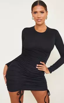 PrettyLittleThing Форма Черное облегающее платье со сборками и длинными рукавами в рубчик под грудью