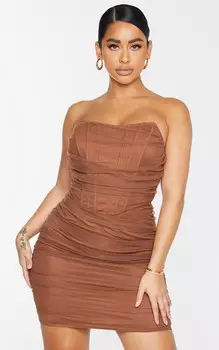 PrettyLittleThing Форма Шоколадно-Коричневого Сетчатого Корсета Со Сборками Облегающее Платье